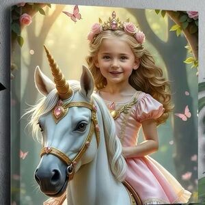 Pink Princess Girl Unicorn Canvas Art 12x12x1.2” size